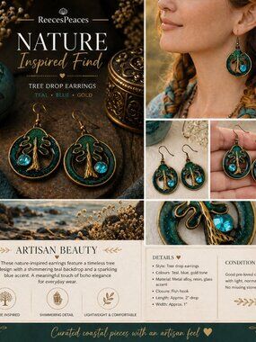 Artisan Tree Earrings Teal Blue Boho Nature Inspired